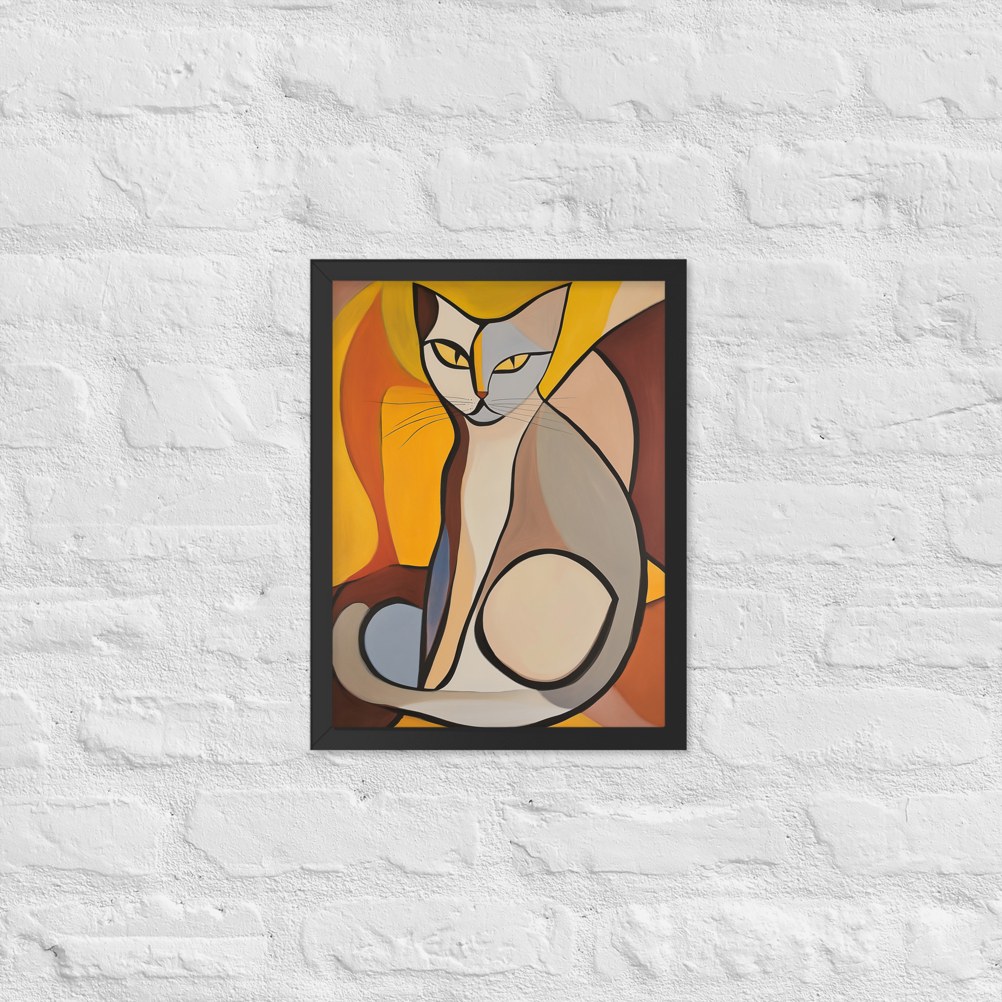 Cream Cubist Cat - Framed Giclee'